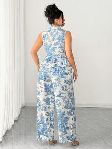 SHEIN Elenzya Bộ đồ nữ cỡ lớn 2 món - Áo sơ mi cổ bẻ + Quần dài thường ngày, trang phục thường ngày. - Màu xanh lam - Xem 2