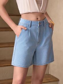 Selenza Women's Elegant Ruched Waist Denim Shorts, Summer - Light Wash - View 4