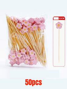 50/100Pcs Bamboo Pick Sweet Daisy Theme Flower Fruit Fork, Party Dessert Salad Stick Cocktail Skewer, Wooden Picks Wedding Birthday Party Supplies - Multicolor - View 7