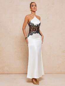 Lumalex 女士优雅性感撞色蕾丝拼接露背连衣裙 - 象牙白色 - 查看 13