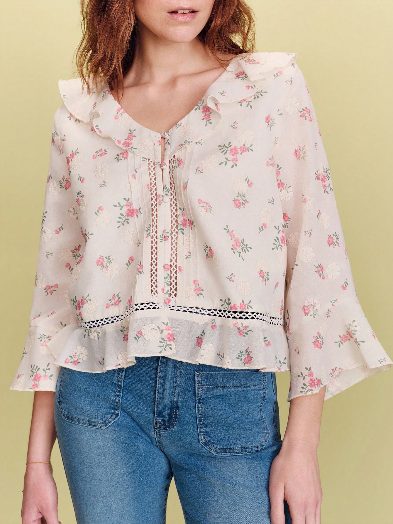 Romantic White Blouse With Embroidered And Printed Pink Flowers, Ruffled, Cute Top Spring Summer French Style Parisian Style Flower Top Going Out Picnic Outfit Vacation Top Office Outfit