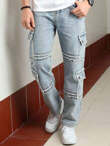 Logeqi® Jeans Vaquero Lavado Versátil Baggy Sueltos Multi-Bolsos Streetwear Casual De Hombre de Color Azul Claro - Azul - Ver 1