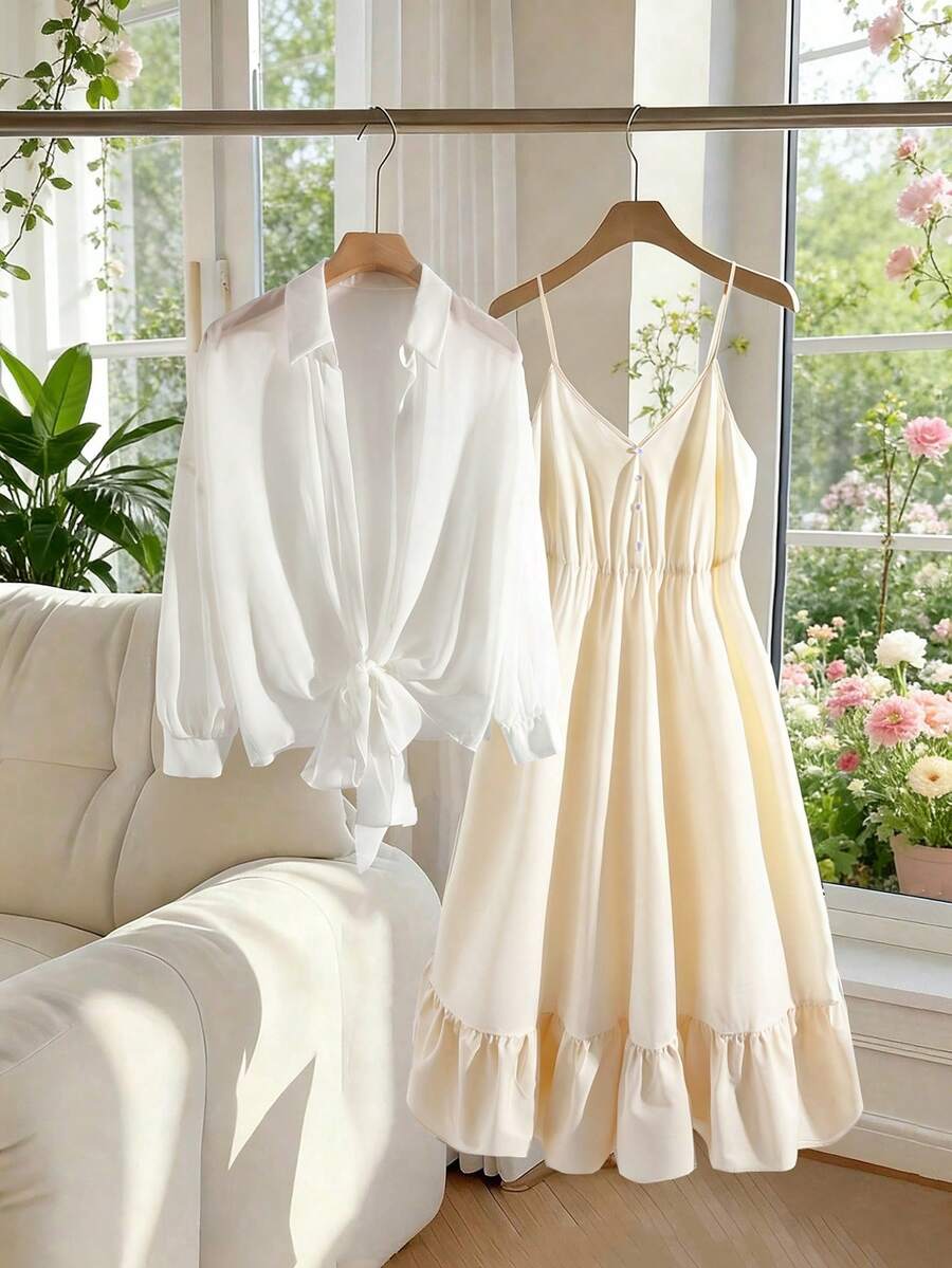 GlowEve CURVE Bộ đồ 2 món dành cho nữ cỡ lớn màu mơ với dây đeo mảnh và áo khoác cardigan voan buộc dây, thời trang thường ngày mùa xuân/hè. - Màu be - Xem 1