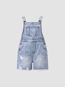 少女休闲时尚简约做旧牛仔背带短裤和连体裤 - 藍色 - 查看 1