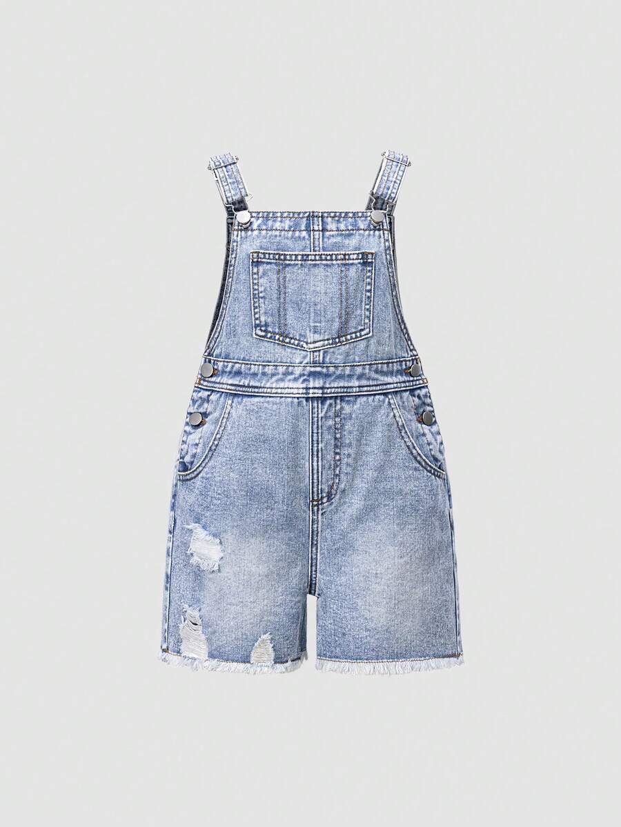 少女休闲时尚简约做旧牛仔背带短裤和连体裤 - 藍色 - 查看 1