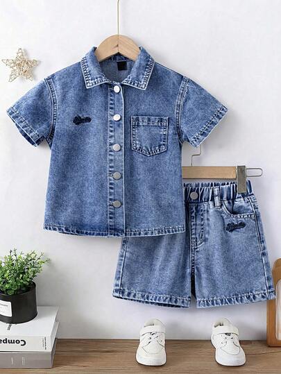 1. Young BoyCasual Denim Set, New Design With Letter Embroidery, Distressed Effect, Blue Washed Denim Outfit
