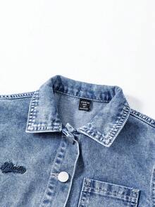 1. Young BoyCasual Denim Set, New Design With Letter Embroidery, Distressed Effect, Blue Washed Denim Outfit - Blue - View 5