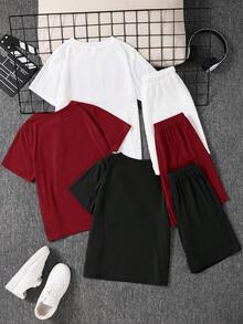 SHEIN 6件套儿童/青少年男童休闲运动多功能印花圆领宽松短袖T恤和短裤两件套，3种款式 x 2套，适合学校、花园、海滩、生日、春季、夏季、秋季、冬季穿着。 - 紅色 - 查看 3
