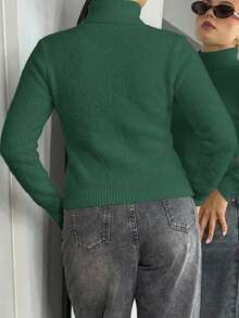 Bethéva 女士纯色高领长袖简约毛衣，休闲日常针织套头衫，秋冬款 - 墨綠色 - 查看 3
