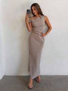 Aloruh Vestido largo de mujer elegante y sexy con hombros descubiertos y cintura ajustada, de sensación de lino - Caqui - Ver 6