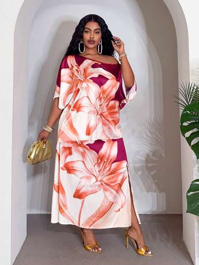 Veslaya Bộ trang phục cỡ lớn dành cho nữ mùa Xuân/Hè 2026: Lễ hội âm nhạc, Lễ Phục sinh, Phong cách Boho, Tiệc sinh nhật, Lễ tốt nghiệp, Phong cách sinh viên, Sinh viên, Thường ngày, Cơ bản đa năng, Kỳ nghỉ, Du lịch biển, Bãi biển, Tắm nắng, Phong cách thịnh hành, Thời trang đường phố, Khách dự đám cưới, Phong cách Bohemian, Đi làm, Ăn trưa muộn, Sân bay, Tiệc tùng, Đi chơi ngày lễ, Dạ tiệc sang trọng, Vũ hội, Thường ngày, Sang trọng. Bộ 2 mảnh gồm áo lệch vai in họa tiết và chân váy chữ A dáng rộng, thoải mái, sang trọng.