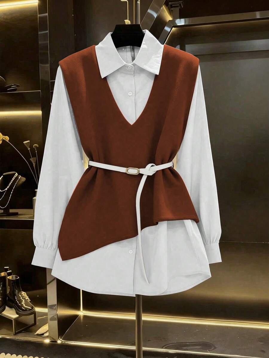 Franclia 2025秋季新品上市：女士二合一夹克衬衫套装，采用巧妙的不对称剪裁、精致的纽扣装饰和可调节腰带，流畅的线条勾勒出纤细的身形，适合办公室通勤、休闲周末和日常外出等各种场合。 - 鏽棕色 - 查看 1