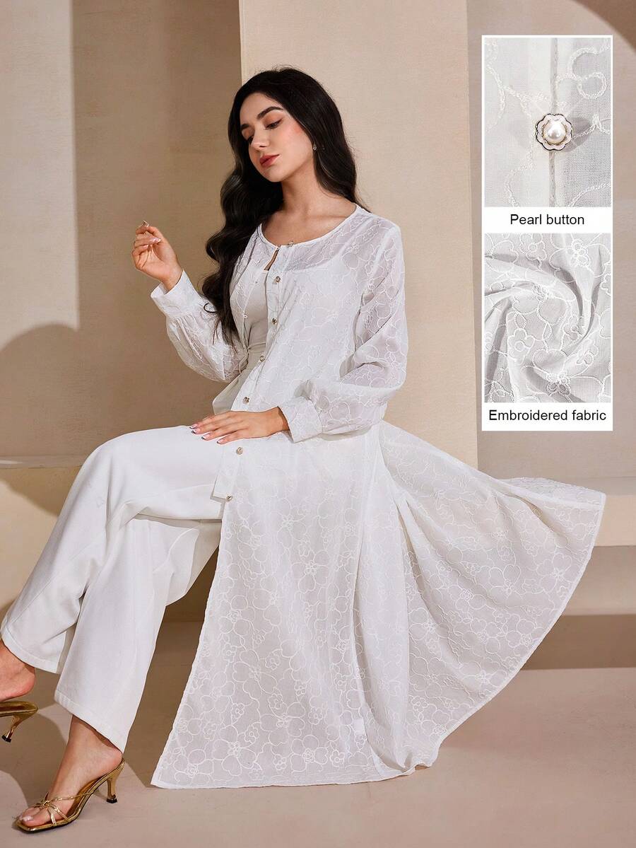 Graceveil Blusa de cárdigan de manga larga holgada con bordado elegante para mujeres, dulce y de moda - Blanco - Ver 1