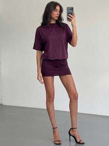 Aloruh Purple Elegant Knit Backless Mini Dress, Loose Top & Tight Bottom For Women - Purple - View 8