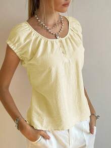 SHEIN Bubbli Women's Ruffle Collar Half-Open Neck T-Shirt - Pale Yellow - View 5