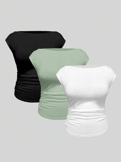 EMERY ROSE Plus Size Women's Solid Color Boat Neck Ruched Casual T-Shirt