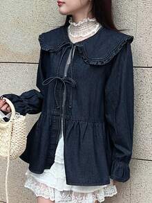 FRIFUL Áo sơ mi denim nữ tay dài cổ Peter Pan buộc dây, kiểu dáng thường ngày, thích hợp cho mùa thu. - Màu xanh lam - View 6