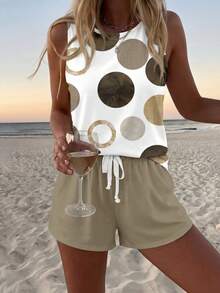 Sylviya 2 st/set dam casual prickigt mönster rund halsad linne och shorts set, lämplig för sommaren kvinnor tvådelat shorts set lämpligt för utekvällar, casual - Multifärgad - Visa 3