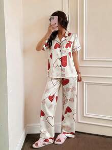 Dream Adore Heart Print Pocket Short Sleeve & Long Pants Women Pajama Set Pajamas Set Cherry Pajamas Set - White - View 3