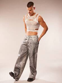 FeverCity Men's Fashionable Sexy Hollow Out Sheer Cropped Tank Top - White - View 3