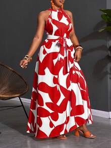 Slaydiva 2026 Spring/Summer Plus Size Women's Geometric Print Halter Neck Dress Wrap Around Dresses For Ladies Women's Talk Dress Women's Wrap Dress Wow Dress - Red - View 4