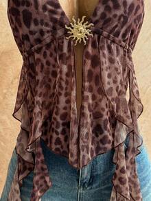 Soleia 女士度假沙滩性感豹纹露背系带飘逸下摆上衣 - 咖啡棕 - 查看 8