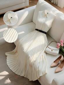 GlowEve 女士夏季梭织无弹力翻领半开襟无袖衬衫式褶裥腰部喇叭下摆时尚优雅百搭休闲沙滩办公长连衣裙杏色 - 杏色 - 查看 1