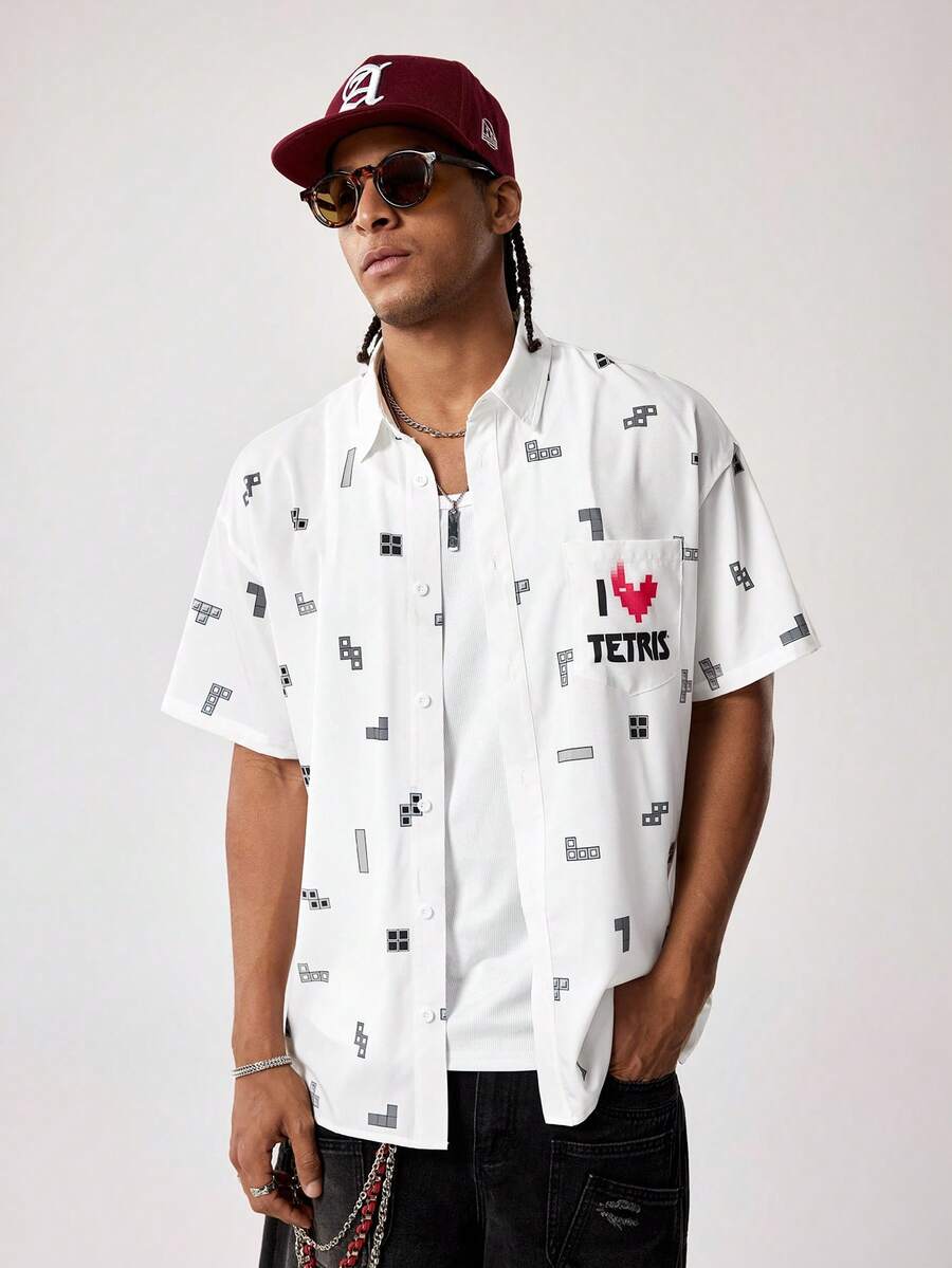 Tetris™ X SHEIN Men's Geometric Pattern Short Sleeve Single-Breasted Casual Pocket Shirt, - White - View 1
