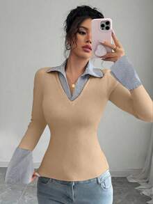 SHEIN Raffinéa 蓝色条纹印花撞色女式简约V领Polo衫，弹力修身打底，适合休闲、夜店、商务休闲、音乐会、办公室等场合穿着，尽显老钱风范。纯色罗纹针织面料，高弹力，超柔软舒适，亲肤贴身，修身剪裁，休闲日常性感派对街头度假旅行约会必备，春夏秋冬新款喇叭袖长袖T恤。 - 卡其色 - 查看 6