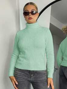 Bethéva 高领保暖内衬修身长袖毛衣，秋冬针织套头衫 - 薄荷綠 - 查看 1