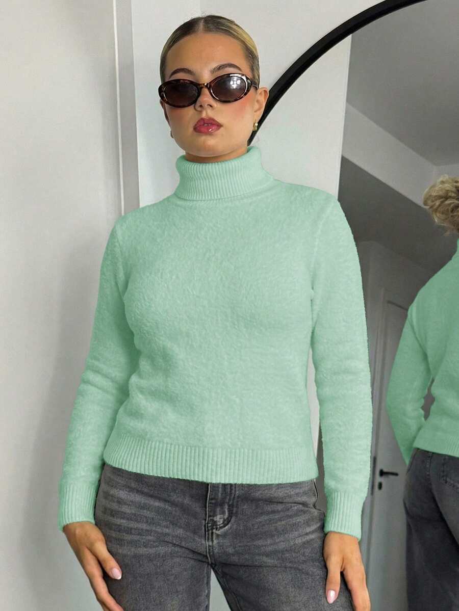 Bethéva 高领保暖内衬修身长袖毛衣，秋冬针织套头衫 - 薄荷綠 - 查看 1