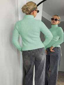 Bethéva 高领保暖内衬修身长袖毛衣，秋冬针织套头衫 - 薄荷綠 - 查看 2