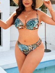 Swim Vcay Große Größen 2-teiliger Badeanzug, Damen sexy zufälliger Leoparden-Muster verstellbarer Metall-Dekor Bikini-Set, geeignet für Strand und Urlaub - Verschiedenfarbig - Übersicht 6