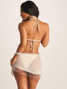 MISSGUIDED Women's Halter Triangle Bikini Set With Fringe Beach Coverup Sarong Summer Swimwear - Grey - View 2