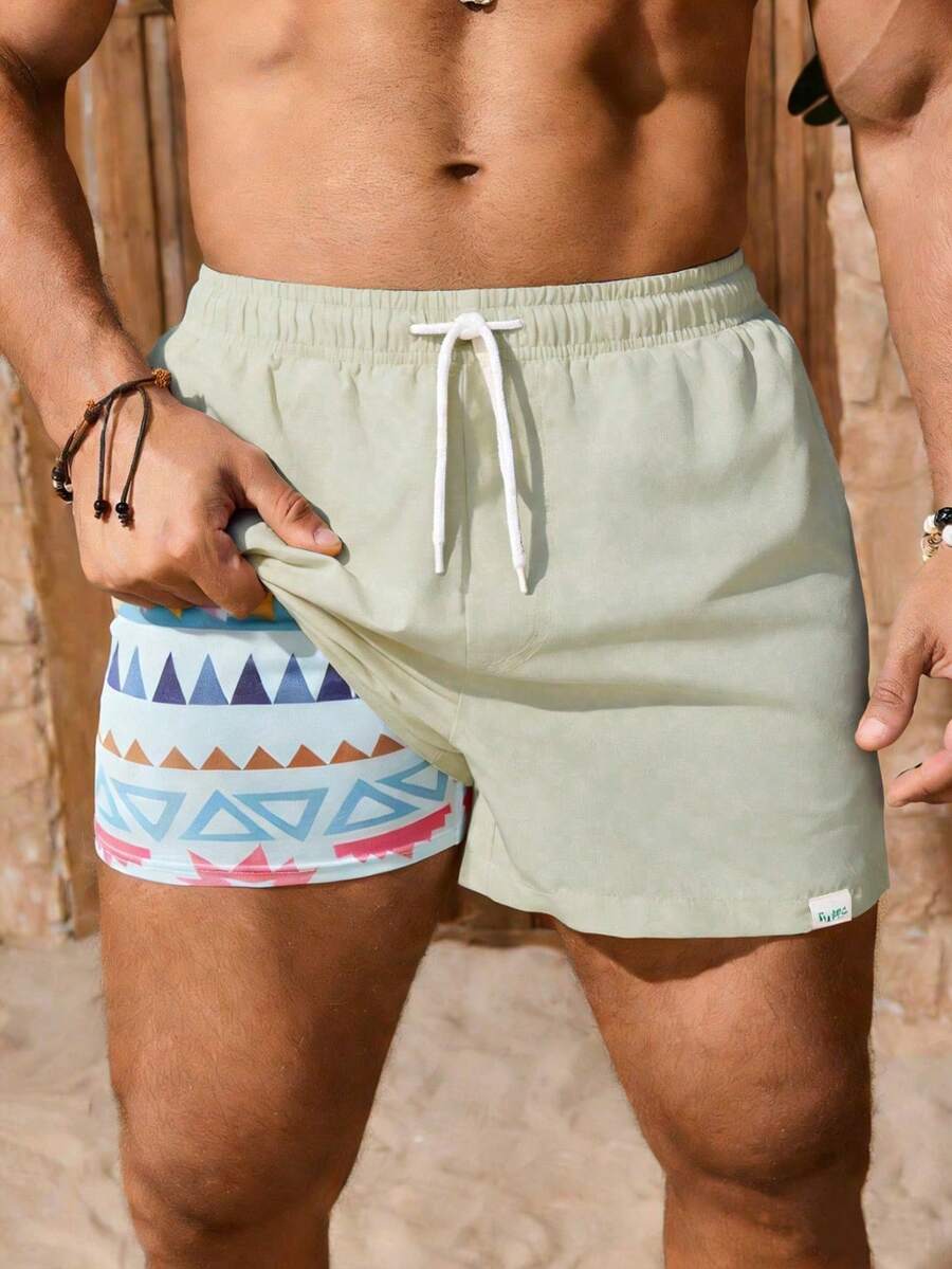 Zalmeno Men's Geometric Print Drawstring Waist Double Layer Beach Shorts - Beige - View 1