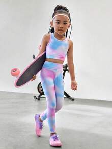 女童针织运动套装 - 透气、吸湿排汗、亲肤弹力面料，搭配时尚扎染印花，是跑步、骑行、网球、羽毛球、体操和舞蹈的理想之选。 - 彩色 - 查看 3