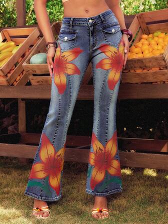 Jeans skinny imprimé taille basse pour femmes, style Y2K Island Girl