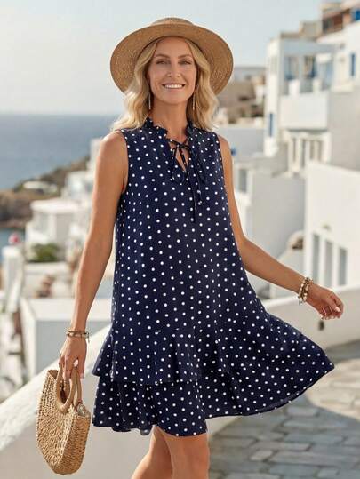 Easowa Polka Dot Tie Neck Ruffle Hem Smock Dress,Polka Dot Dress