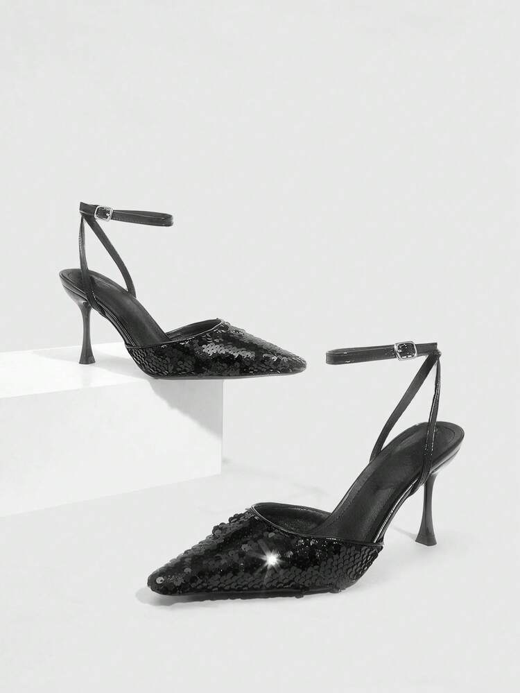 CUCCOO SZL Women's Pointed Toe Ankle Strap Black Beaded Fashionable Sexy Stiletto High Heel Pumps Spring Shoes