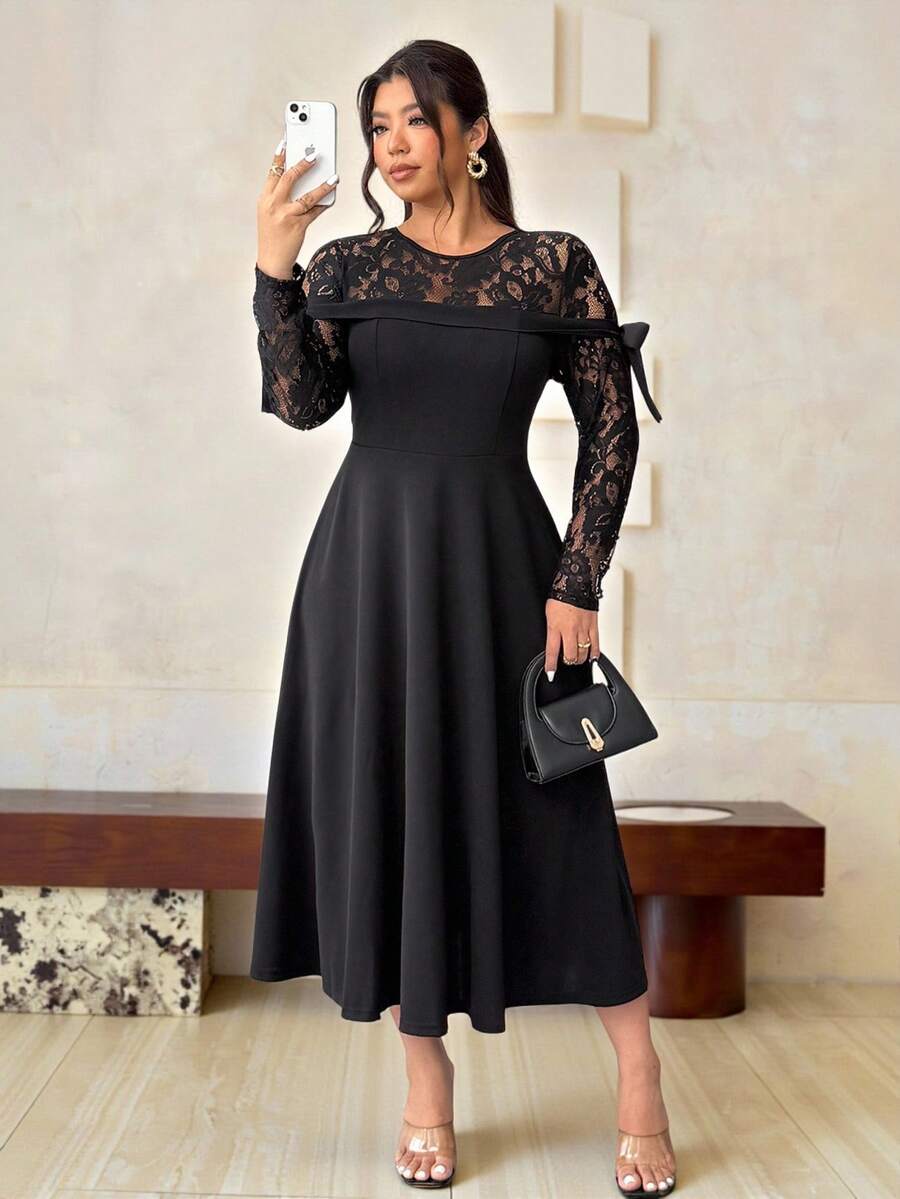 Elenzga Váy ren thêu nơ trang trí cỡ lớn thanh lịch - màu đen - Xem 1
