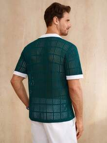 Manfinity CityGents Men's Summer Casual Vacation Contrast Trim Mesh Hollow Short Sleeve Knit Top - Green - View 3