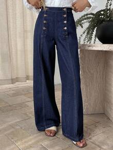 DAZY Women's Solid Color Metal Buckle Decor Casual Jeans - Blue - View 4