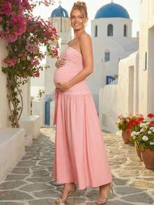 Loomaby Maternity Pink Elegant Summer Wrap Dress,One Shoulder Asymmetric Waist Tie Pregnant Dress For Baby Shower,Gender Reveal & Pregnancy Photoshoot - Pink - View 8