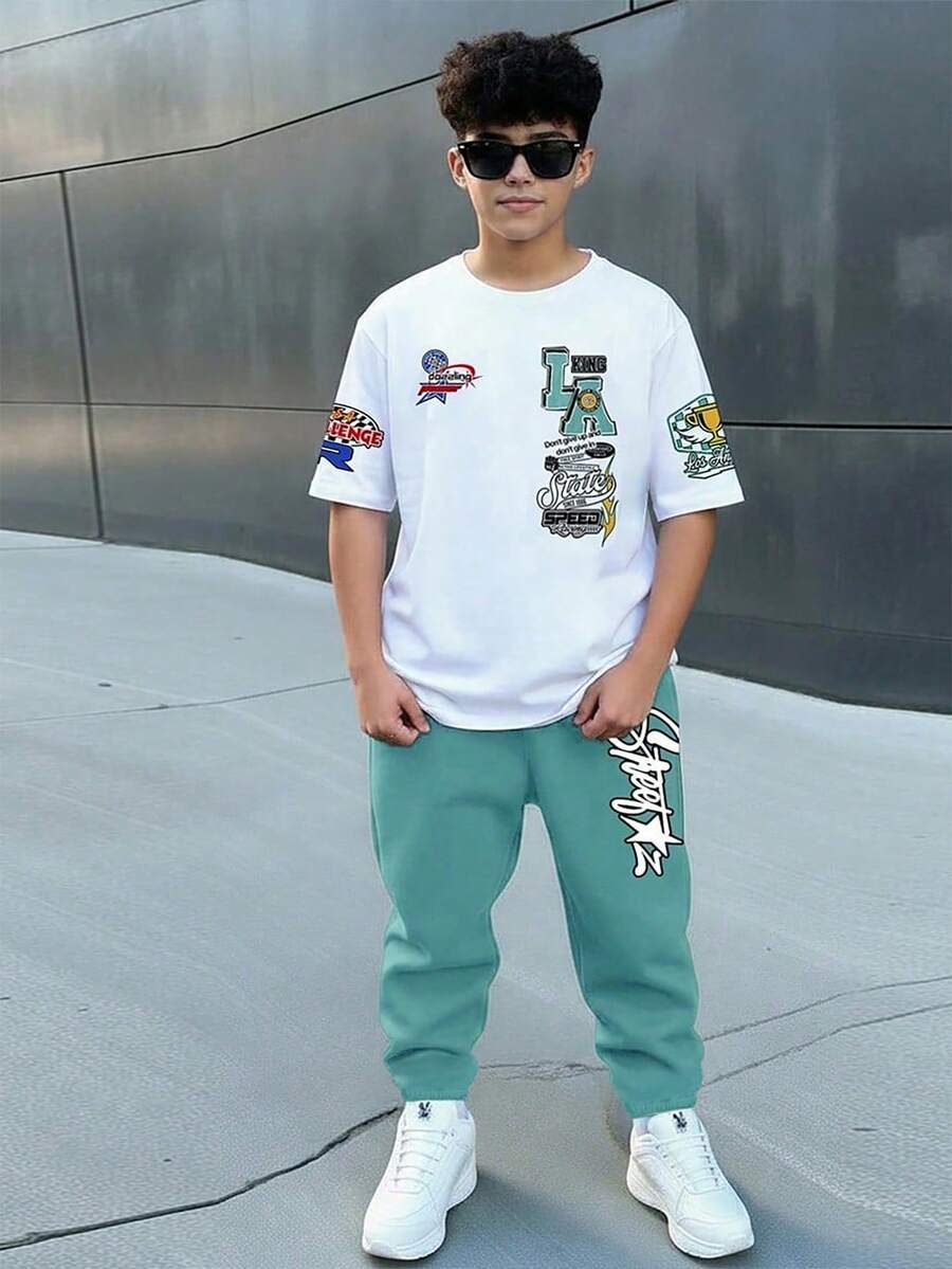 SHEIN 2pcs Tween Boy Casual Y2K Graffiti Letter Print Short Sleeve T-Shirt And Pants Set, Suitable For Spring/Summer - White - View 1