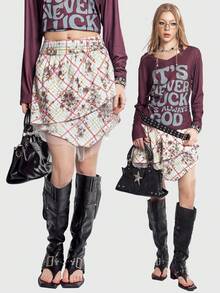 Bloopia Women's Woven Vintage Punk Palace Retro College Style Asymmetrical Plaid Contrast Mesh Skirt - Multicolor - View 1