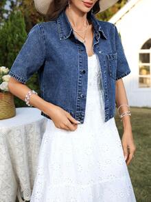 SHEIN Tall Women's Short Sleeve Single-Breasted Casual Pocket Denim Shirt, Tall Women - Blue - View 6