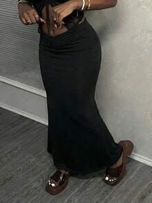 Slaydiva 早春新款，春夏音乐节，情人节，复活节休闲风，简约基础款，Y2K街头甜美风，畅销款，日常约会，辣妹风，性感，运动时尚风，交叉腰伞裙，A字裙，黑色半身裙，女士半身裙 -A - 黑色 - 查看 1