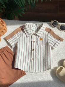 SHEIN 男女宝宝休闲可爱条纹短袖衬衫上衣，婴儿衬衫 - 杏色 - 查看 6