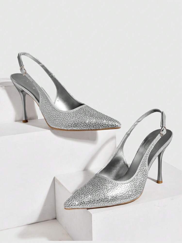 CUCCOO SZL Women Shoes Fashion Pointed Stiletto Silver Full Diamond Slingback Sexy Banquet Party Ladies High Heel Slingback Shoes Women's Shoes Spring Shoes