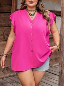 SHEIN CURVE+ Curve 尺码 US22 音乐节、海滨度假、波西米亚风女士日常休闲度假 V 领黑色宽松衬衫，夏季度假外出上衣/秋冬季 - 玫紅色 - 查看 8